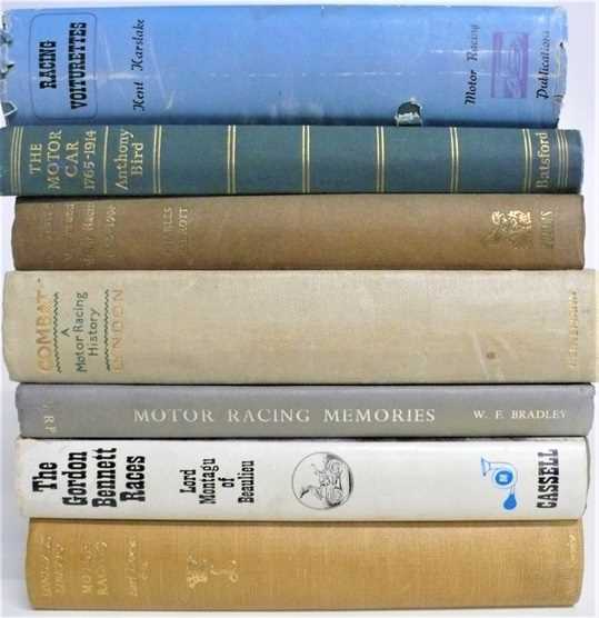 Lot 19 - A selection of seven motoring books including Motoring Racing History, Racing Voiturettes, Gordon Bennett Races and others.