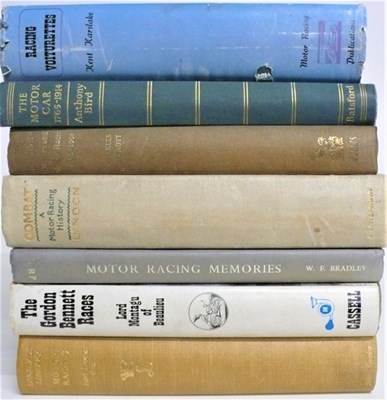 Lot 19 - A selection of seven motoring books including Motoring Racing History, Racing Voiturettes, Gordon Bennett Races and others.