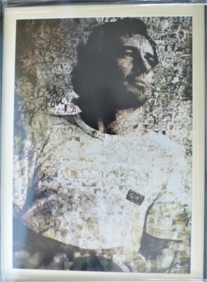 Lot 52 - A black and white photo-print on canvas of the legendary Ayrton Senna, posing in his race suite and holding his crash helmet