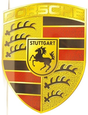 Lot 18 - A large laser cut metal garage or showroom wall sign in the form of the Porsche bonnet badge